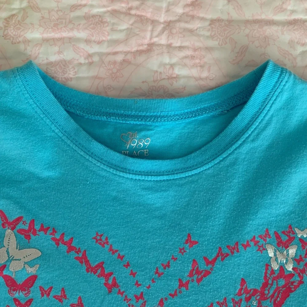 Children’s Place Shirt Girl L 10-12 Blue Short Cap Sleeves Lightweight Butterfly